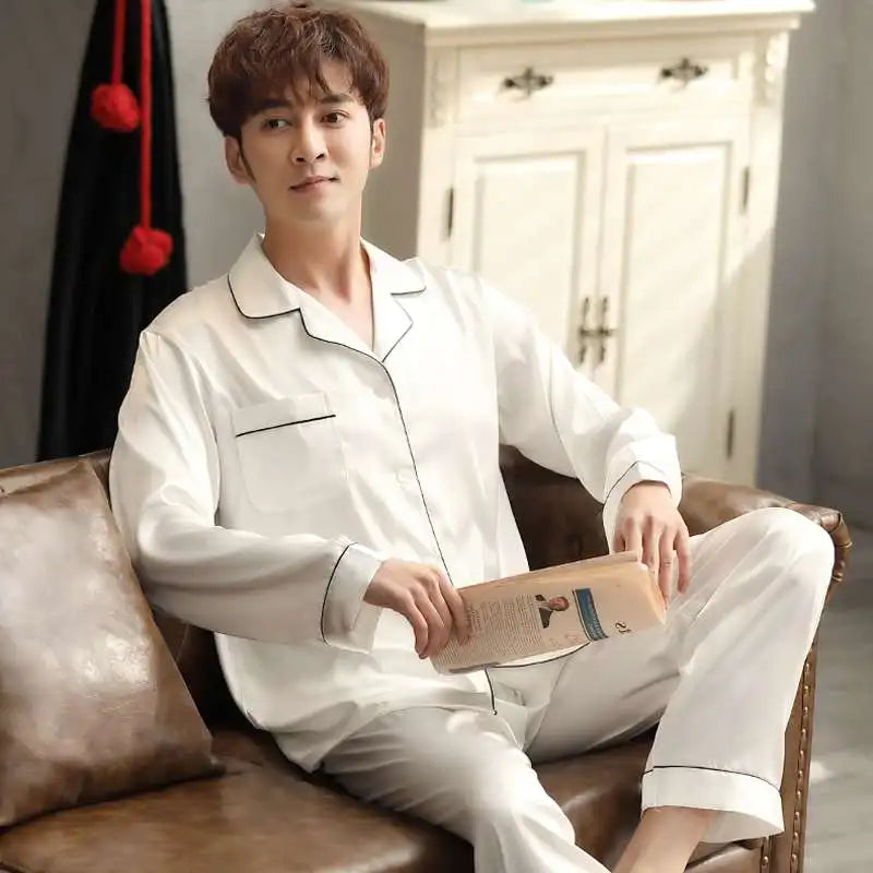 Solid Color Sleepwear Silk Satin Pajamas Couple Set Long Button-Down Pyjamas Suit Pijama Women Men Loungewear Plus Size Pj Set