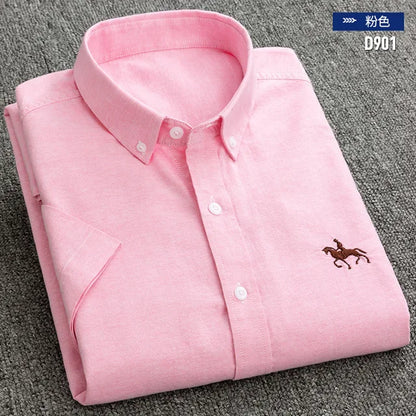 100% Pure Cotton Oxford Shirt For Men¡¯s Short Sleeve Solid Stripe Leisure Embroidered Horse Social Business Formal Dress Shirts