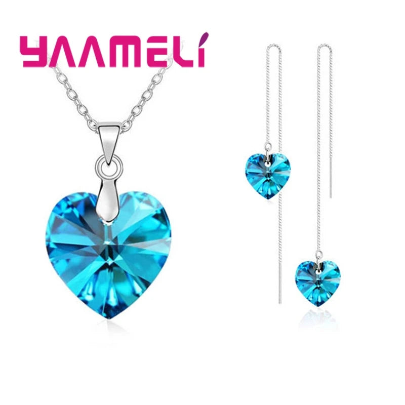 Love Heart Shape Women 925 Sterling Silver Color Bridal Jewelry Set For Wedding Fashion Crystal Pendants Necklaces Earring Set