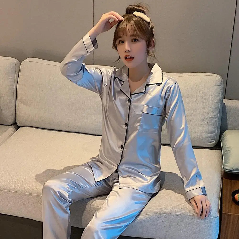 Solid Color Sleepwear Silk Satin Pajamas Couple Set Long Button-Down Pyjamas Suit Pijama Women Men Loungewear Plus Size Pj Set