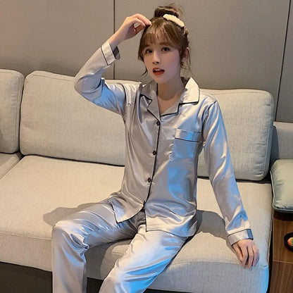 Solid Color Sleepwear Silk Satin Pajamas Couple Set Long Button-Down Pyjamas Suit Pijama Women Men Loungewear Plus Size Pj Set