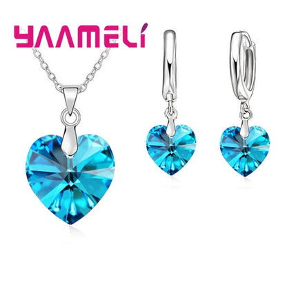 Love Heart Shape Women 925 Sterling Silver Color Bridal Jewelry Set For Wedding Fashion Crystal Pendants Necklaces Earring Set