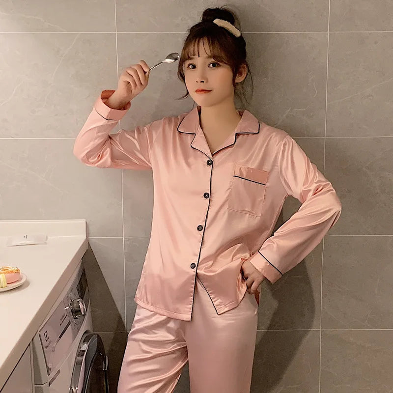 Solid Color Sleepwear Silk Satin Pajamas Couple Set Long Button-Down Pyjamas Suit Pijama Women Men Loungewear Plus Size Pj Set