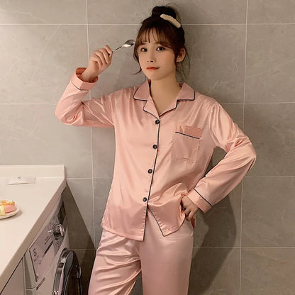 Solid Color Sleepwear Silk Satin Pajamas Couple Set Long Button-Down Pyjamas Suit Pijama Women Men Loungewear Plus Size Pj Set