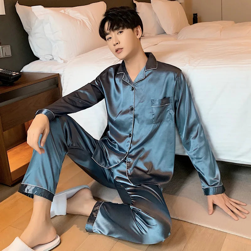 Solid Color Sleepwear Silk Satin Pajamas Couple Set Long Button-Down Pyjamas Suit Pijama Women Men Loungewear Plus Size Pj Set