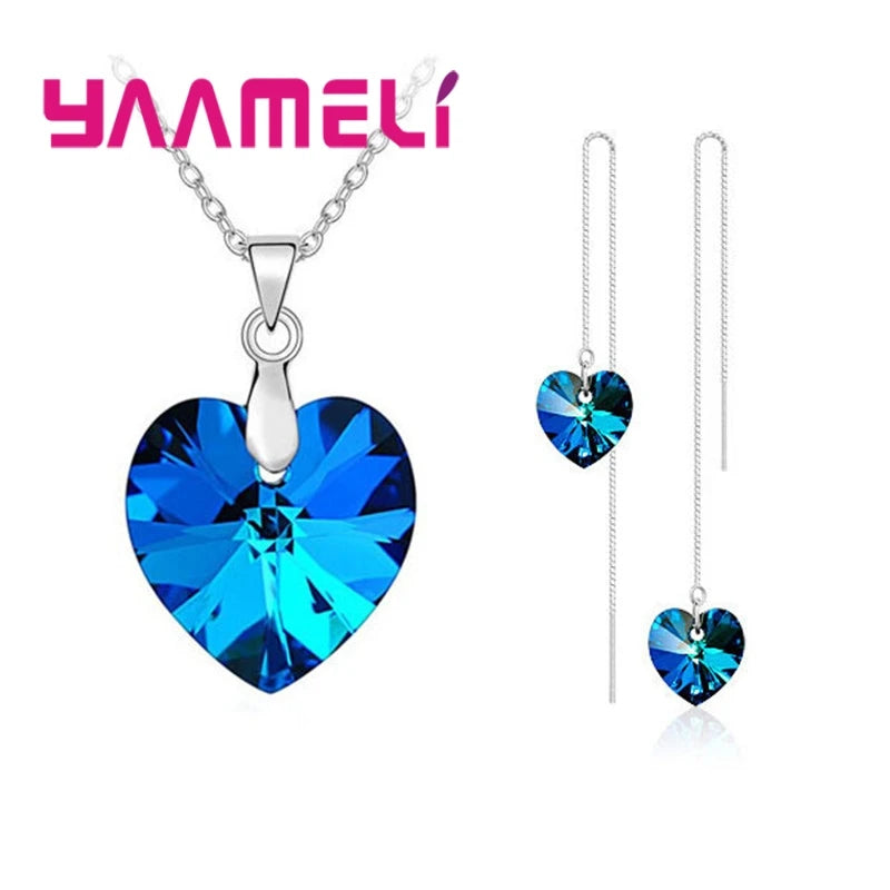 Love Heart Shape Women 925 Sterling Silver Color Bridal Jewelry Set For Wedding Fashion Crystal Pendants Necklaces Earring Set
