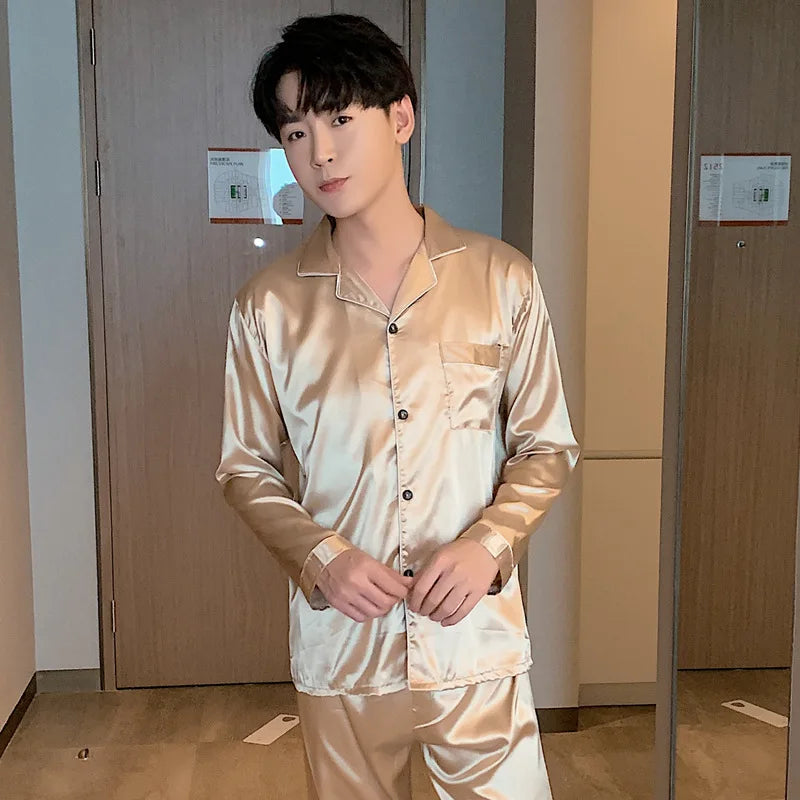 Solid Color Sleepwear Silk Satin Pajamas Couple Set Long Button-Down Pyjamas Suit Pijama Women Men Loungewear Plus Size Pj Set