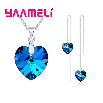 Love Heart Shape Women 925 Sterling Silver Color Bridal Jewelry Set For Wedding Fashion Crystal Pendants Necklaces Earring Set