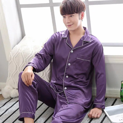 Solid Color Sleepwear Silk Satin Pajamas Couple Set Long Button-Down Pyjamas Suit Pijama Women Men Loungewear Plus Size Pj Set