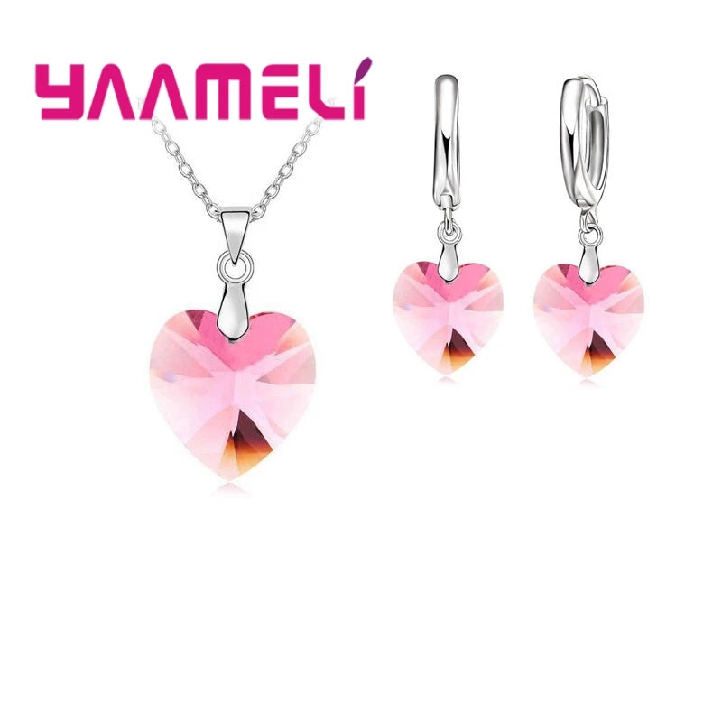 Love Heart Shape Women 925 Sterling Silver Color Bridal Jewelry Set For Wedding Fashion Crystal Pendants Necklaces Earring Set