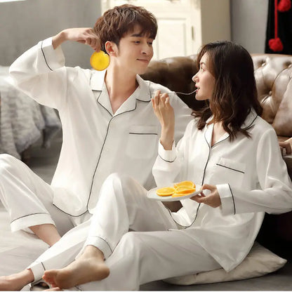 Solid Color Sleepwear Silk Satin Pajamas Couple Set Long Button-Down Pyjamas Suit Pijama Women Men Loungewear Plus Size Pj Set