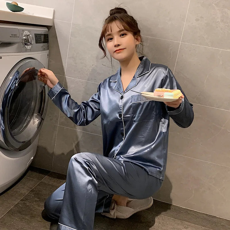 Solid Color Sleepwear Silk Satin Pajamas Couple Set Long Button-Down Pyjamas Suit Pijama Women Men Loungewear Plus Size Pj Set