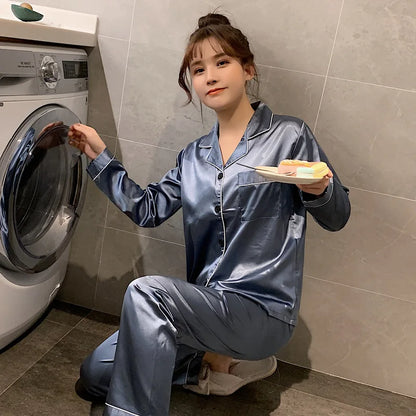 Solid Color Sleepwear Silk Satin Pajamas Couple Set Long Button-Down Pyjamas Suit Pijama Women Men Loungewear Plus Size Pj Set
