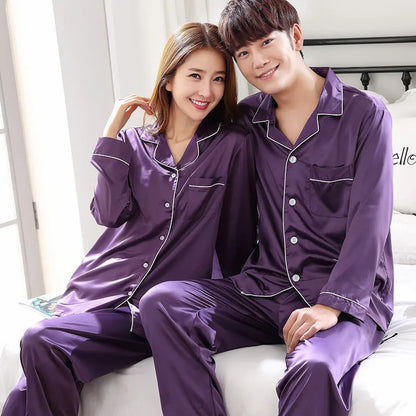 Solid Color Sleepwear Silk Satin Pajamas Couple Set Long Button-Down Pyjamas Suit Pijama Women Men Loungewear Plus Size Pj Set