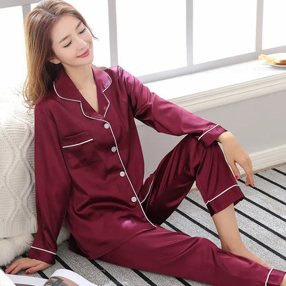 Solid Color Sleepwear Silk Satin Pajamas Couple Set Long Button-Down Pyjamas Suit Pijama Women Men Loungewear Plus Size Pj Set