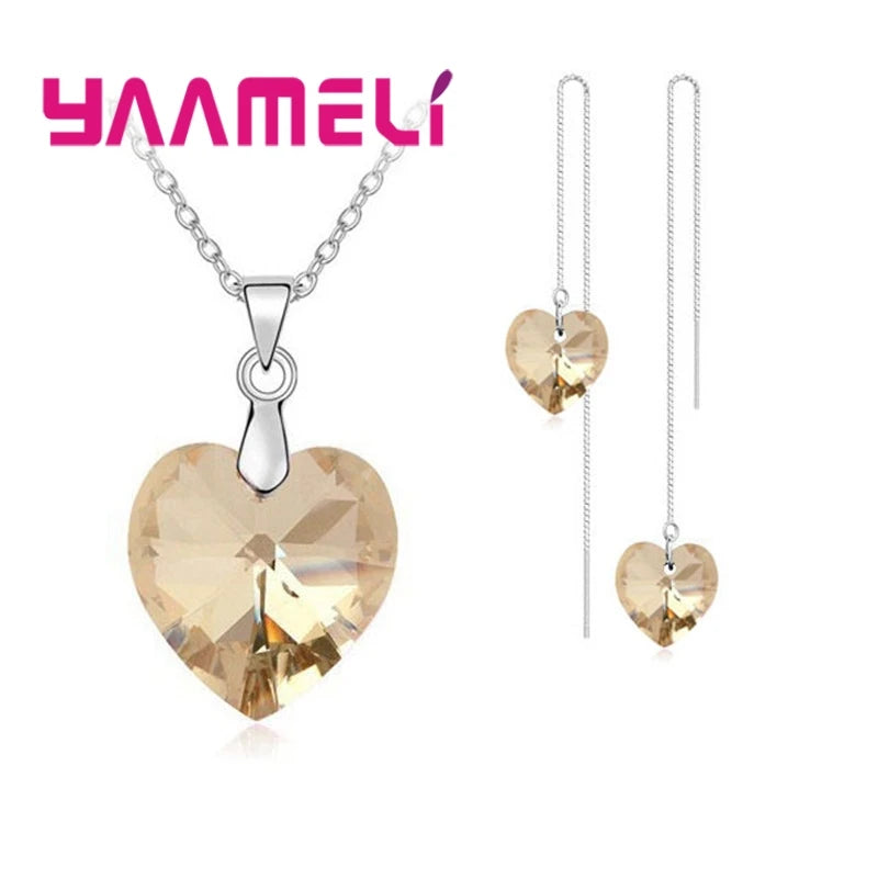 Love Heart Shape Women 925 Sterling Silver Color Bridal Jewelry Set For Wedding Fashion Crystal Pendants Necklaces Earring Set