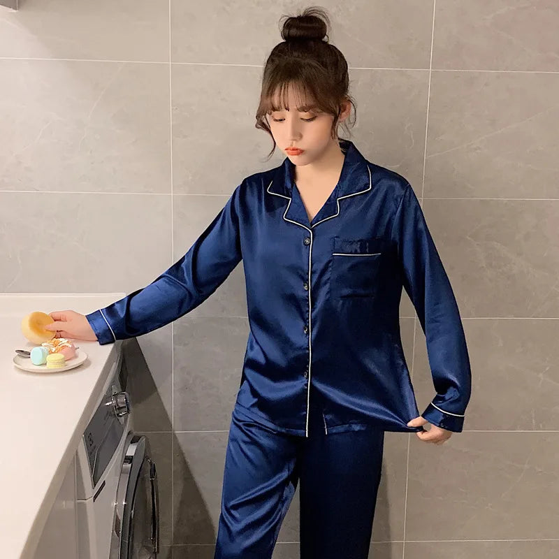 Solid Color Sleepwear Silk Satin Pajamas Couple Set Long Button-Down Pyjamas Suit Pijama Women Men Loungewear Plus Size Pj Set