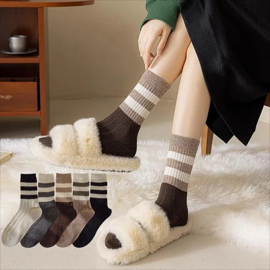 1 3 5 Pairs Women Striped Mid-calf Socks Autumn Winter Thermal Knitted Socks Brown Retro Slouch Boot Socks Casual Daily EU 35-42