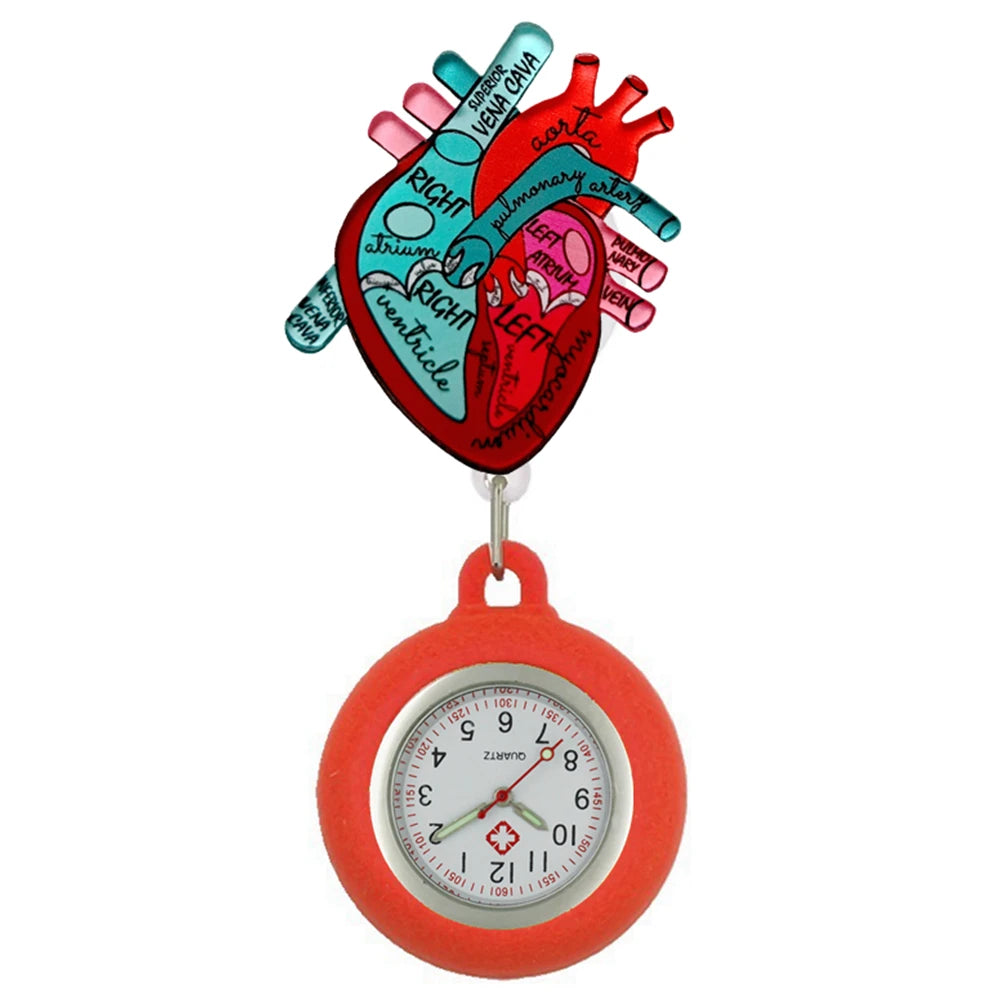 Heart Shape Icons Retractable Nurse Doctor Shiny Badge Reel Clip Pocket Watches Hospital Medical Working Office Hang Clock