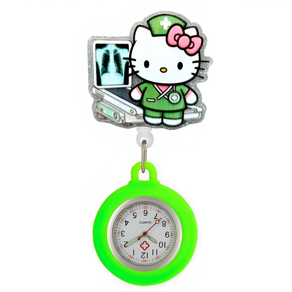 MINISO Lovely Cartoon Kitty Cat Hospital Nurse Doctor Medical Workers Office Badge Reel FOB Pocket Watches Hang Clock Gifts