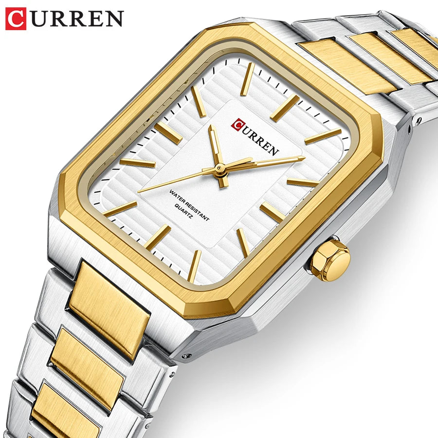 CURREN 8457 Square Minimalist Steel Band Watch Waterproof Couple Watch Men's and Women's Watch with Bar Dial