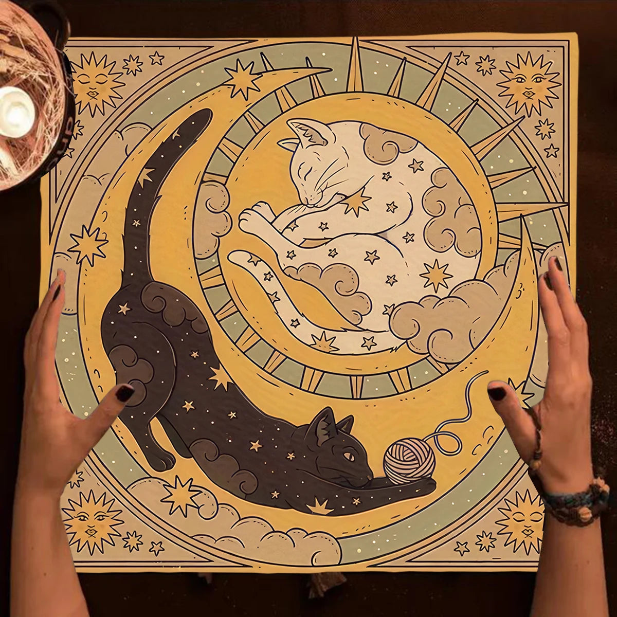 Colorful Mandala Black Cat Altar Cloth Tarot Tablecloth Witchcraft Cat & Moon Starry Sky Divination Cloth Tarot Mat Home Decor