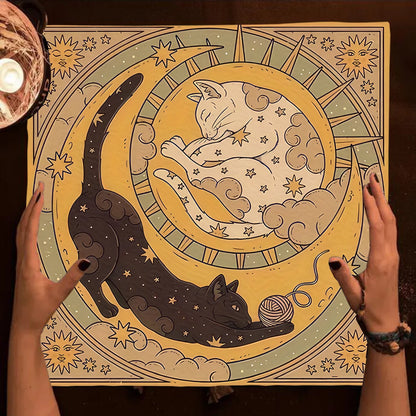 Colorful Mandala Black Cat Altar Cloth Tarot Tablecloth Witchcraft Cat & Moon Starry Sky Divination Cloth Tarot Mat Home Decor