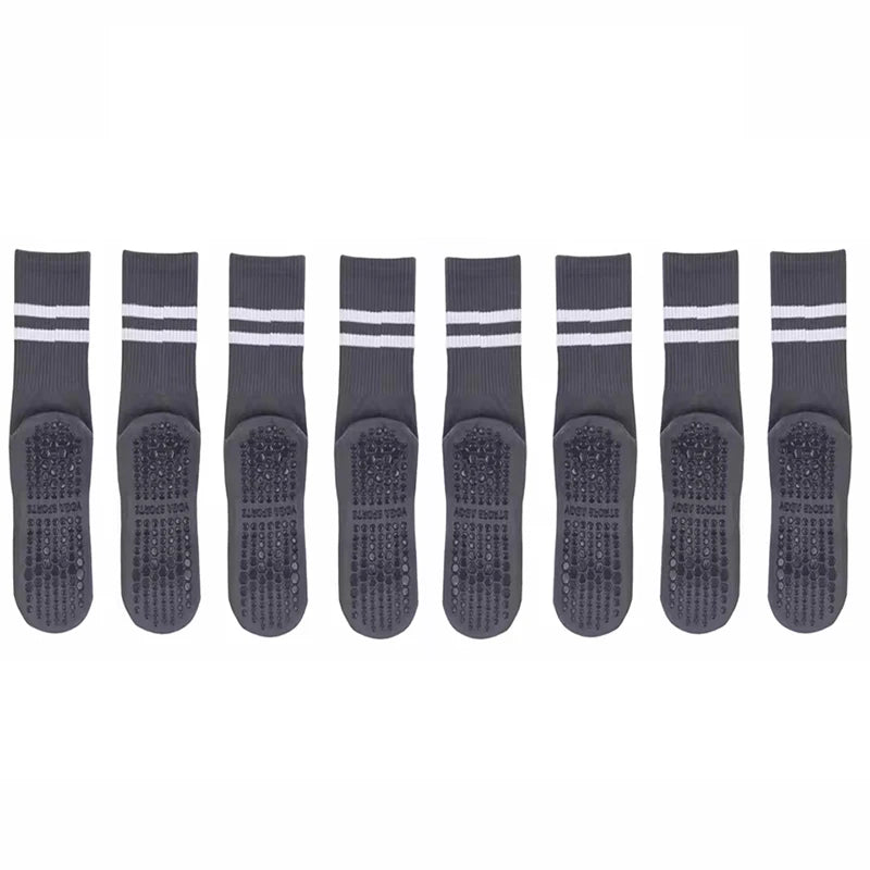 4 Pairs of Mid Tube Double Bar Striped Yoga Socks Anti Slip Dance Sports Breathable Socks Fitness Pilates Cotton Socks