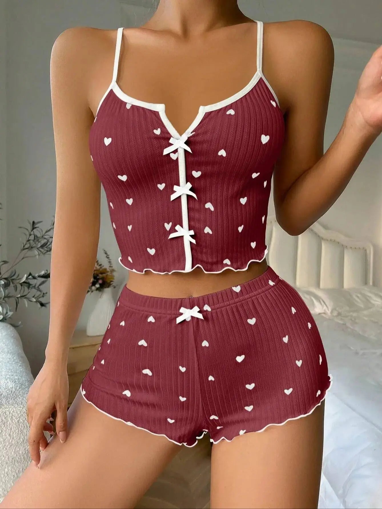 Sexy Sleepwear Women Pajamas Set Heart Print Silk Stain V-Neck Sleeveless Casual Cami Top and Shorts Sets Home Suit Loungewear