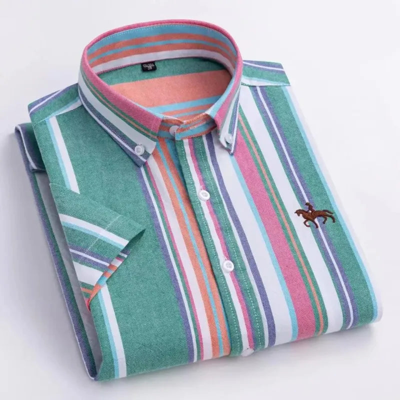 100% Pure Cotton Oxford Shirt For Men¡¯s Short Sleeve Solid Stripe Leisure Embroidered Horse Social Business Formal Dress Shirts