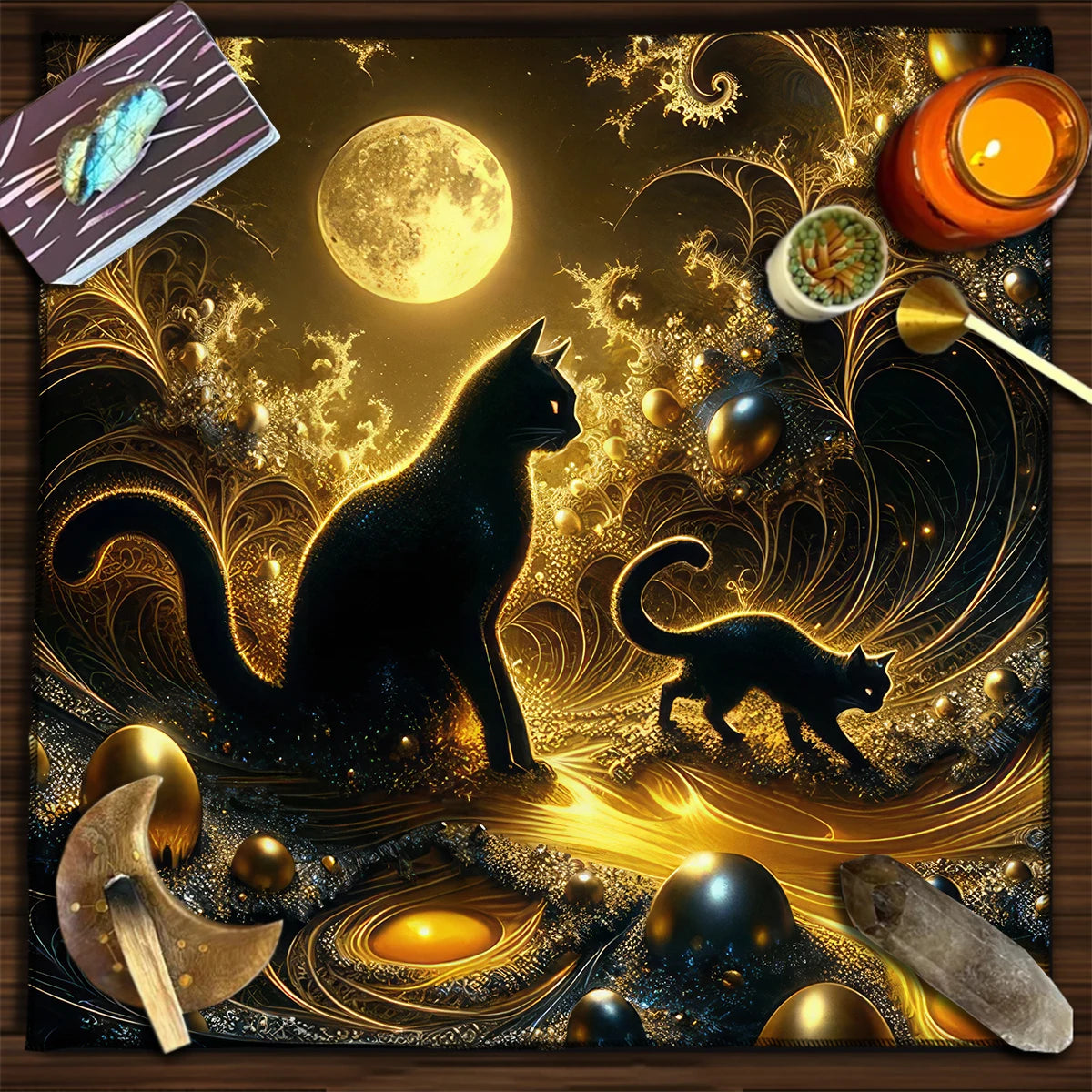 Colorful Mandala Black Cat Altar Cloth Tarot Tablecloth Witchcraft Cat & Moon Starry Sky Divination Cloth Tarot Mat Home Decor
