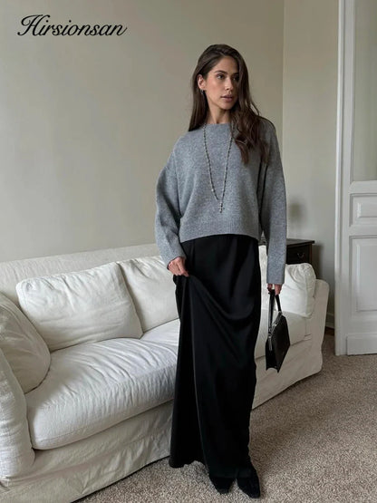 Hirsionsan Basic O Neck Basic Sleeve Sweater Women 2025 Oversized Short Knitted Pullovers Female Casual Thick Warm Soft Tops