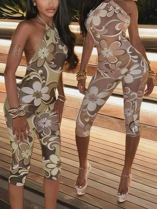 Sisterlinda Aesthetic Print Halter Playsuits Fashion Sexy Backless Bandage Body-shaping Rompers Female Attractive Club One Piece