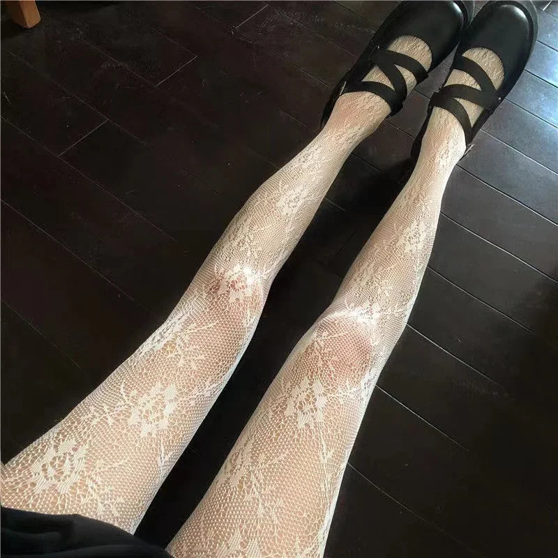 Gothic Fishnet Stockings Black Tights Women Sexy Nylon Sheer Pantyhose Lolita Hollow Out Floral Lace Pantyhose Cosplay Plus Size
