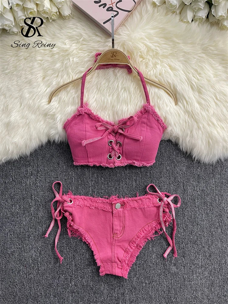 SINGREINY Retro Women Bikini Denim Suits Summer Halter Camis+ Mini Pant Lingerie Fashion Vacation Swimsuits Sexy Bra&Briefs Sets