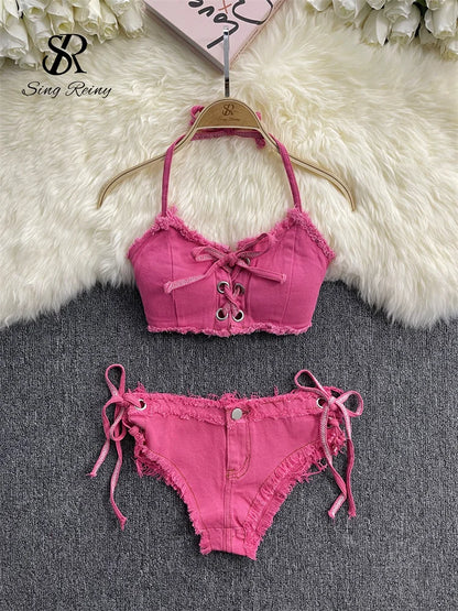 SINGREINY Retro Women Bikini Denim Suits Summer Halter Camis+ Mini Pant Lingerie Fashion Vacation Swimsuits Sexy Bra&Briefs Sets