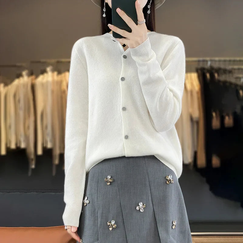 100% Merino Wool Sweater Women O-Neck Cardigan Basic Style  Buttoned Knitwear Female Casual Autumn Winter Soft Tops