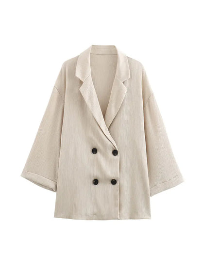 2024 Autumn Women Casual Blazer Coat Pants Set Long Sleeve Double Breasted Blazer + Wide Leg Trousers Lady Office Outfit