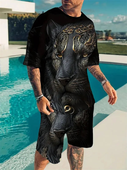 New Men's Sports Suit 3D Three-Dimensional Lion Print Short-Sleeved Outdoor Travel Leisure Two-Piece Suit Plus Size Clothing