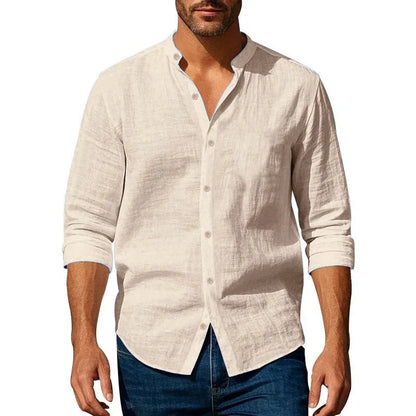 Cotton Linen Shirt for Men Henley Neck Solid Color Lightweight Breathable Slim Fit Single Breasted Shirt Long Sleeve Button Up
