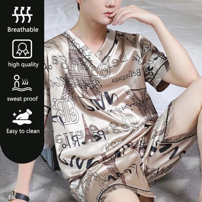 Large Size Men Homewear Ice Silk Short-Sleeved Shorts Student Pajamas Korean Version with Letters Loose 3xl Short-Sleeved Two-Pi