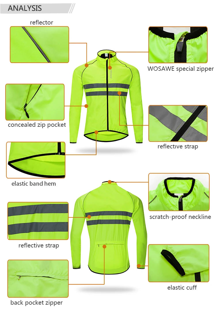 WOSAWE Men Cycling Windbreaker MTB Bicycle Long Sleeve Coat Water Resistant Outdoor Sport Jersey Bike Jacket Cycling Clothing