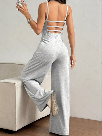 Women's Casual Halter Jumpsuit Spring and Summer Daily Solid Slim-Fit Backless Sleeveless Jumpsuit Lady's Floor-Length Trousers