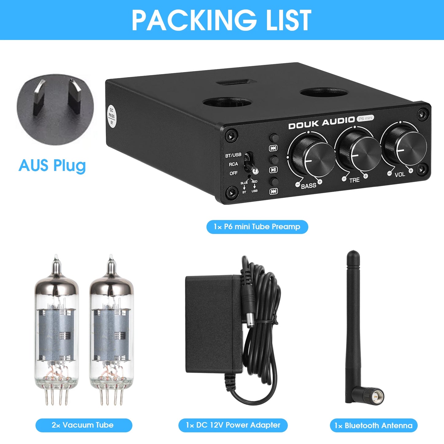 Douk Audio HiFi Bluetooth 5.0 Valve Tube Preamp Stereo Receiver USB Player Home Desktop Pre-amplifier w/Treble Bass Control