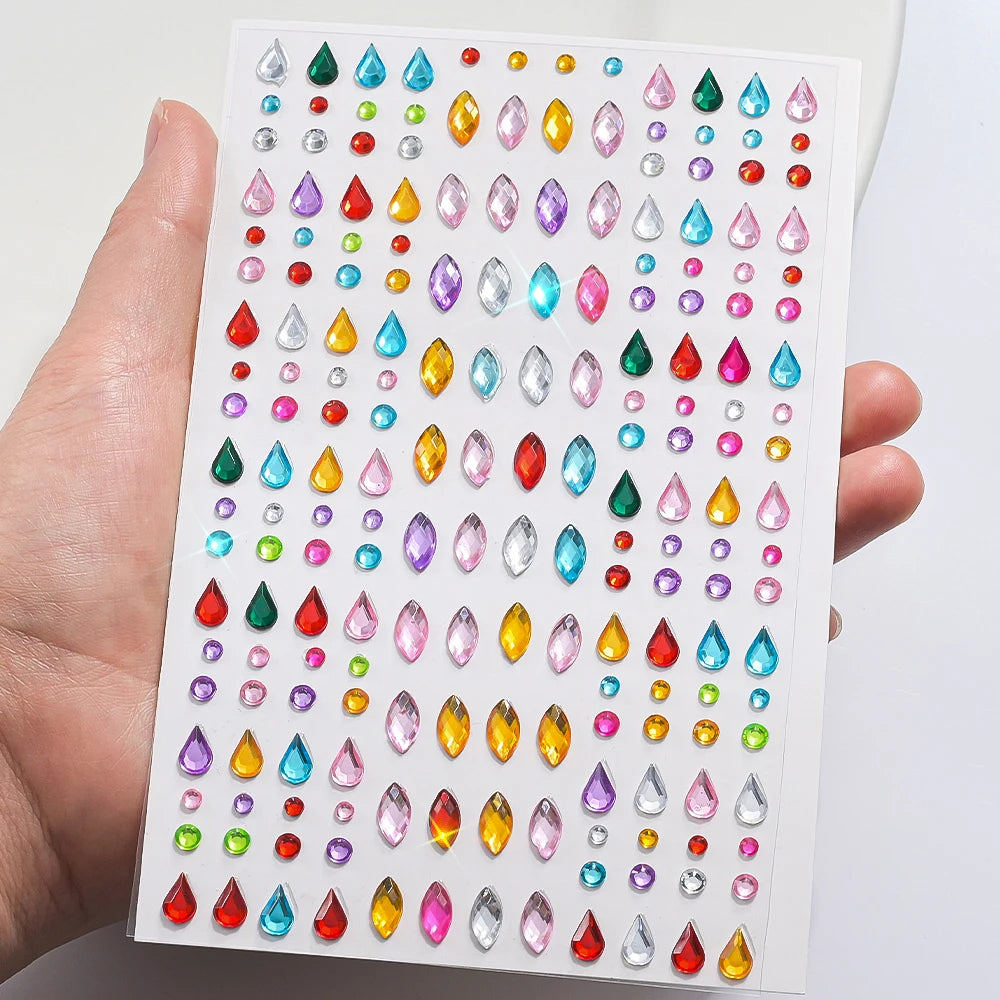 1sheet 900pcs Rainbow Face Glittle Gem Stickers Stick-On Facial Tattoo Eye Rhinestone Jewels 3/4/5mm Mix Wedding Party Make Up