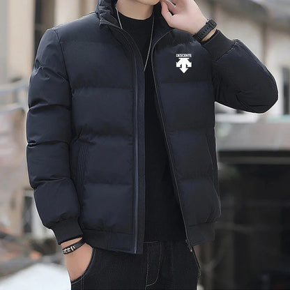 A new men's casual stand-up collar down cotton thermal jacket for winter 2026, a fashionable cotton jacket for outdoor sports
