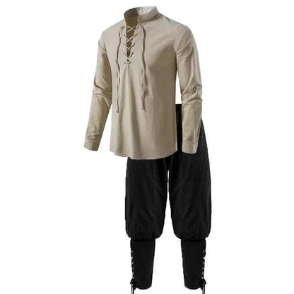 2Pcs Men's Medieval Knight Costume Set Renaissance Cosplay Pirate Shirts Ankle Banded Pants For Halloween Cotton Linen Fabric