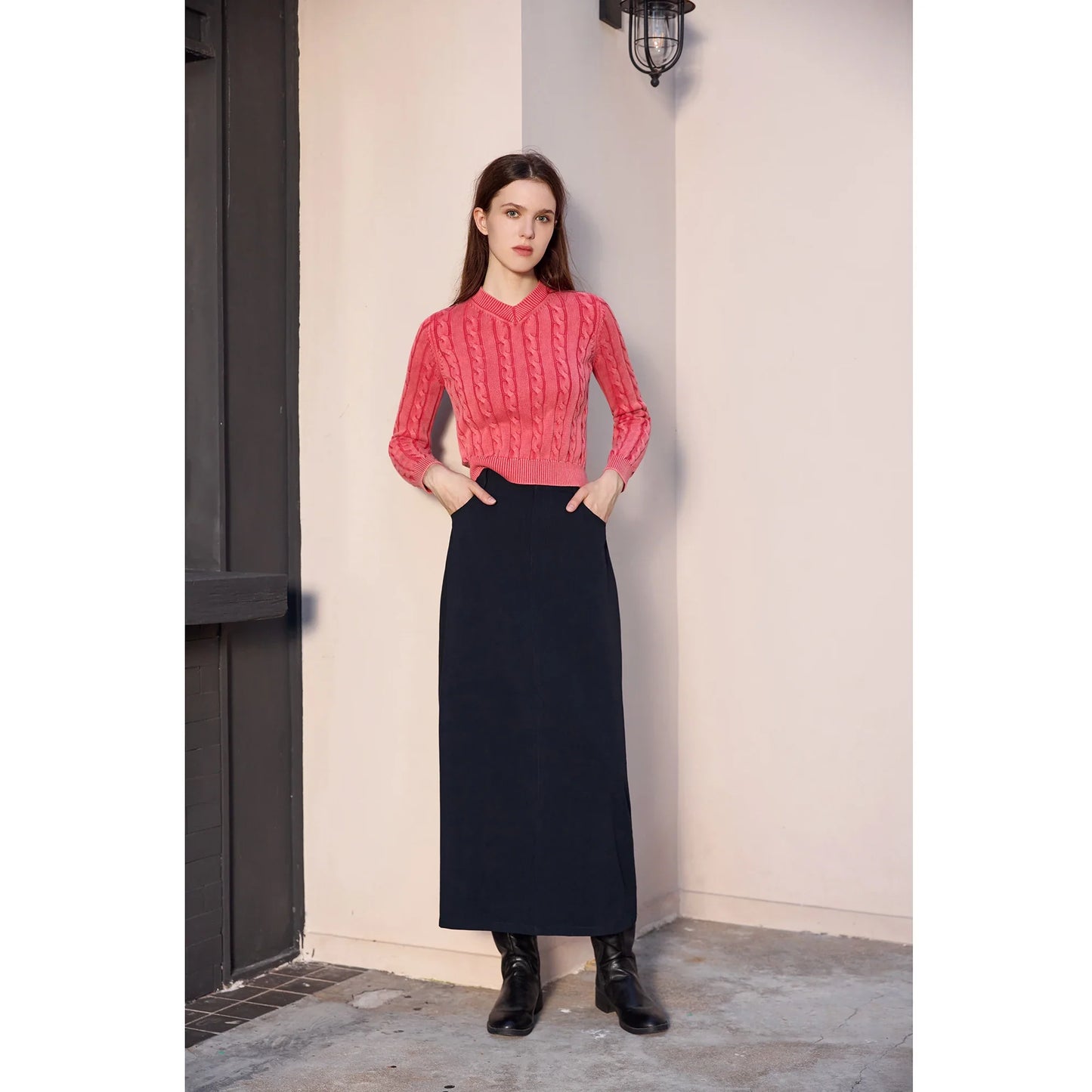 AP 2026 Women Washed Sweater Autumn and Winter Cable Sweater Stretch Skirt and Fashion Leather Skirt