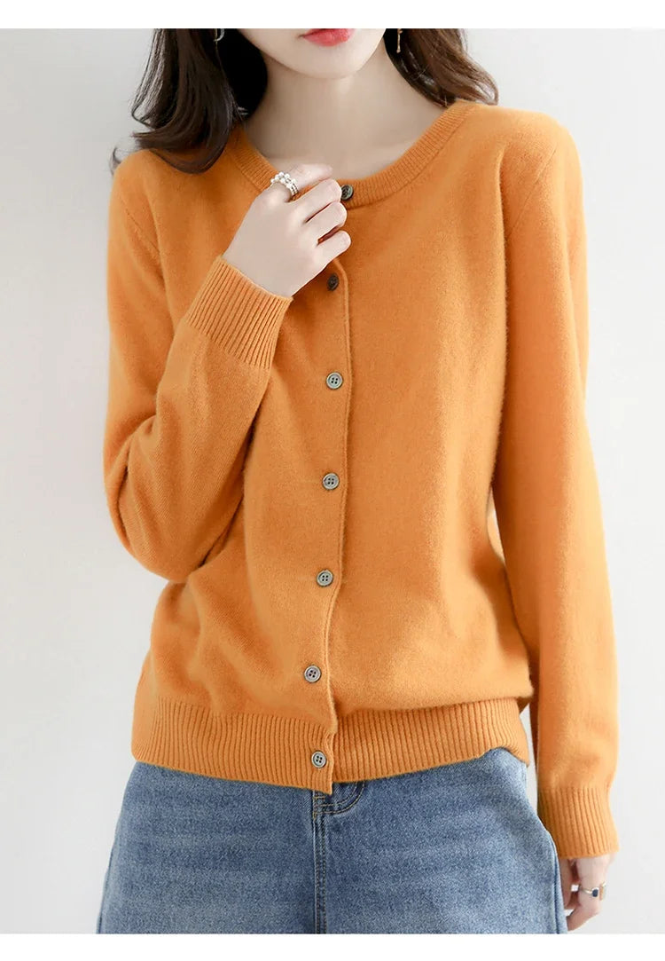 2025 New Worsted Spring And Autumn Women Cardigan Round Neck Knitwear Solid Color Fashion High-grade Knitwear Sweater