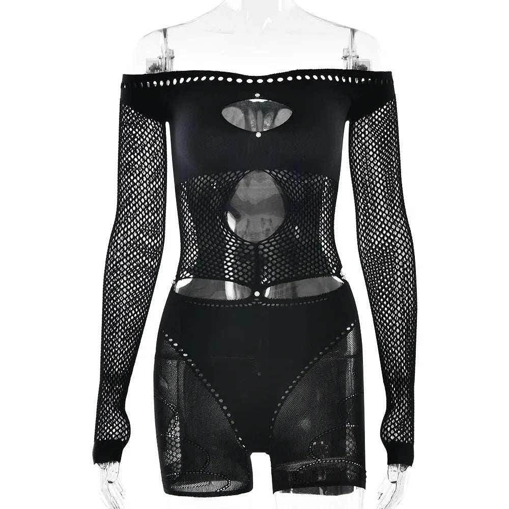 HLJ Sexy Hollow Out Rompers Women Off Shoulder See Through Long Sleeve Bodycon Playsuits Jumpsuits Female Party Clubwear New